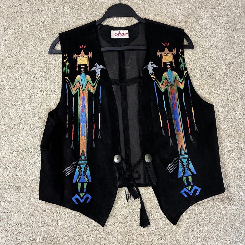 Vintage 80s CHAR Santa Fe XL Hand Painted Southwestern Native Suede Leather Vest